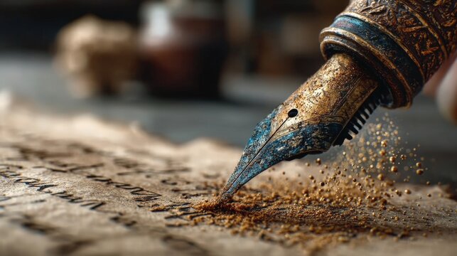 A vintage fountain pen writes on aged paper with cinematic lighting and floating dust particles, creating an artistic and nostalgic composition.