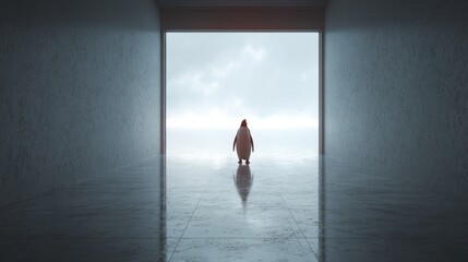 Symbol of Life Change: Penguin Walking Towards Bright Light in Terminal