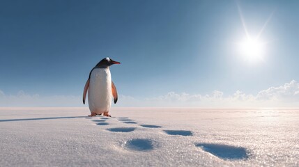 Symbol of Global Warming: Penguin Leaving Melting Tracks in Hot Environment
