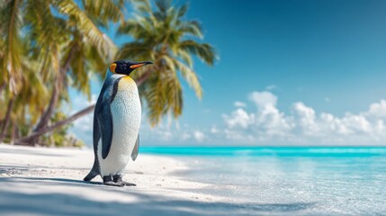 Symbol of Freedom and Escape: Lone Penguin on Sunny Turquoise Shore