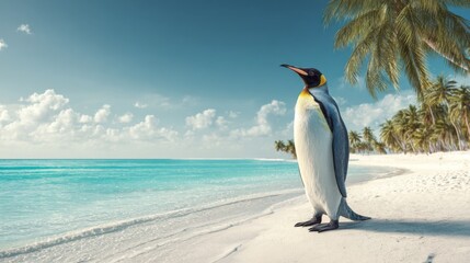 Unexpected Travel Concept: Antarctic Penguin Under Palm Trees in Paradise