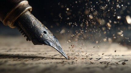 A vintage fountain pen writes on aged paper with cinematic lighting and floating dust particles, creating an artistic and nostalgic composition.