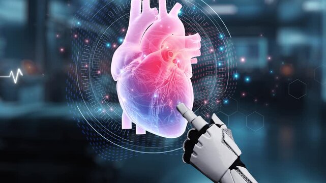 Close up of robotic hand pointing and clicking at heart holographic to access medical data or diagnosis symptom. Robotic hand checking at heart simulation while using AI analyzing symptom. Salubrious.
