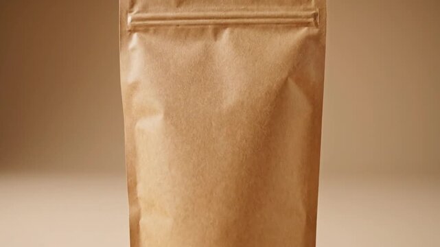 Blank brown kraft paper pouch bag standing upright in a bright studio, perfect for product packaging mockup, conveying an eco-friendly and minimalist aesthetic.