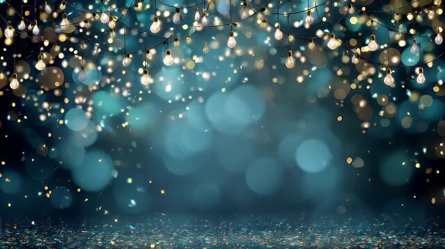 Birthday celebration theme for party event. A festive scene with a bokeh effect, illuminated by a multitude of hanging lights against a deep blue backdrop. The lights are suspended from a string.