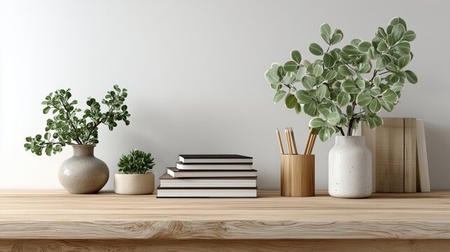 Workspace - office table, empty desk with supplies against the white wall, copy space for text or product showcase