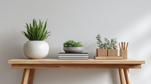 Workspace - office table, empty desk with supplies against the white wall, copy space for text or product showcase