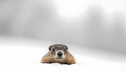 Marmot emerging from snow in winter landscape  