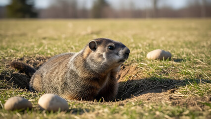 Groundhog emerging from burrow with eggs on grassy field  
