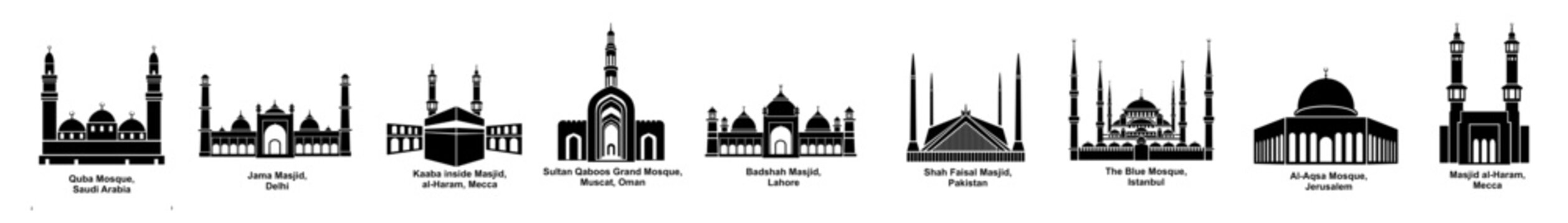 Set of famous Islamic mosque silhouettes, black vector icons of world religious landmarks.