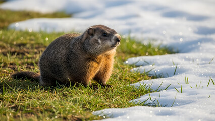 Groundhog standing on grass near melting snow in spring  