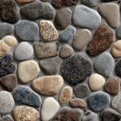 Rounded river-stone pebble mosaic with wet gloss and neat grout, orthographic top-down, seamless repeat.