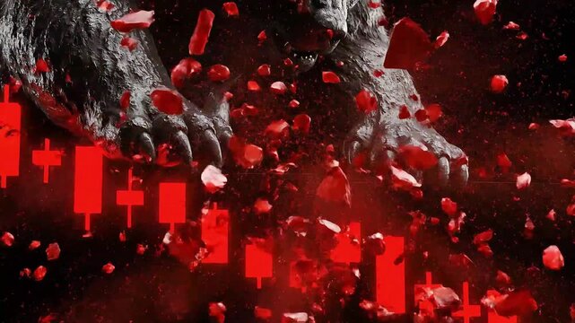 Bear Market Crash Illustration with Falling Red Candlestick Charts and Crushing Paws