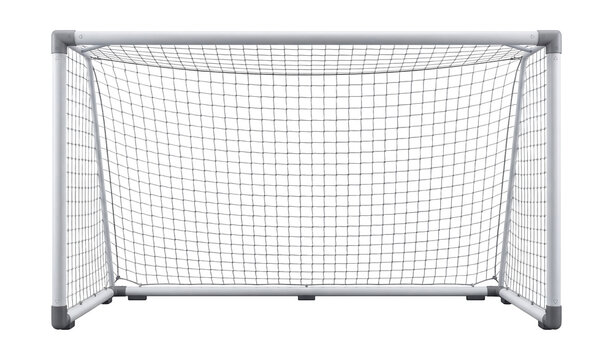 Steel-framed soccer goal with netting.
