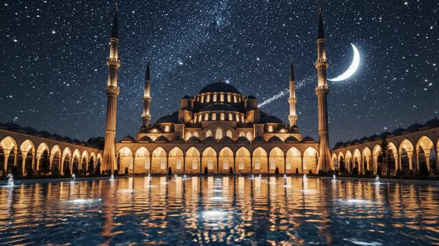 Sultan Ahmed Mosque illuminated at night with crescent moon and stars in Istanbul Turkey Blue Mosque