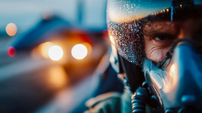 Close-up of a military pilot in helmet and visor on a rainy airbase runway, with fighter jet blurred in the background at sunrise