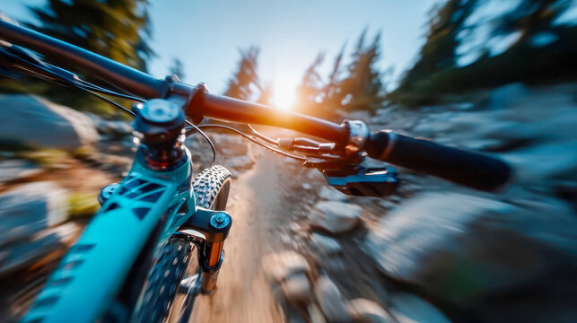 First-person view from mountain bike handlebars racing down rocky trail at sunrise, motion blur, adrenaline outdoor adventure concept