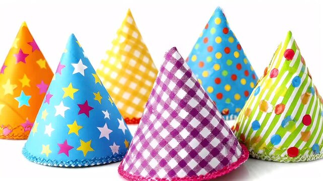Birthday celebration theme for party event. A collection of colorful party hats with stars and polka dots against a white background.