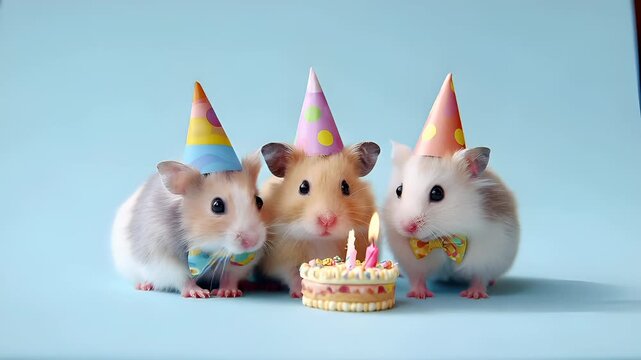 Birthday celebration theme for party event. Three hamsters wearing colorful party hats and bow ties, gathered around a birthday cake adorned with lit candles, against a light blue background.