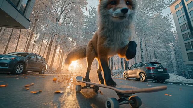 Fox running through autumn leaves, vibrant colors, low perspective, intense glow, dynamic motion, outdoor setting - AI-Generated