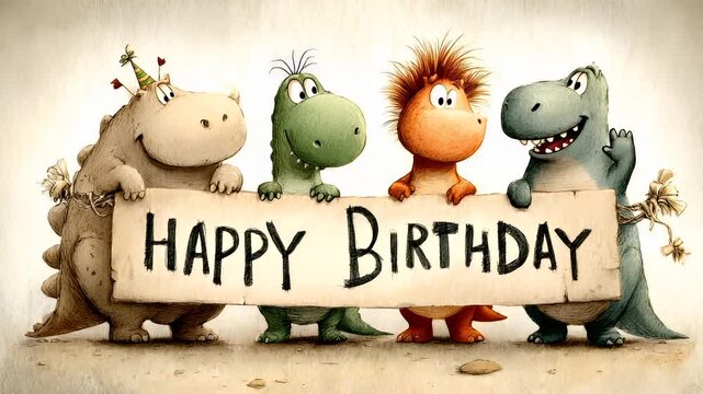 Birthday celebration theme for party event. Four animated dinosaurs holding a sign that reads Happy Birthday against a white background.