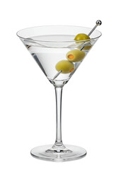 Classic crystal-clear martini cocktail, emerald-green olives on silver pick, elegant V-shaped glass, white studio background, premium bar menu concept
