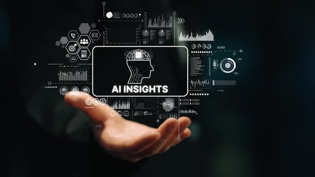 Futuristic Concept Image of AI Insights with Data Visualization Graphics and Human Hand Offering Technology Representation. Asymptotic smart data analytic.