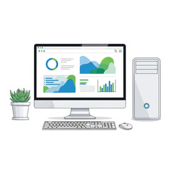 Modern computer workstation displaying colorful dashboards and data visualizations on a clean desk setup.