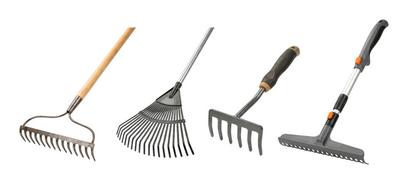 Four different types of gardening rakes and tools are neatly arranged, showcasing various designs and materials for diverse landscaping tasks.