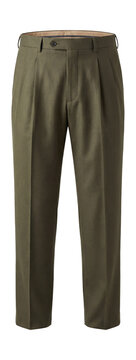 Olive green wool trousers with a double pleat front and extended tab closure