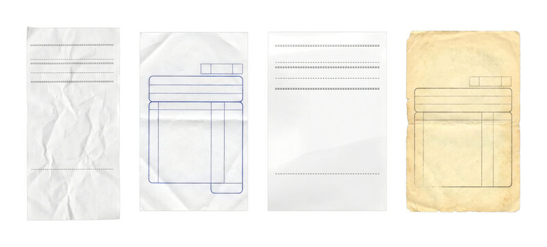 Four blank paper receipts and forms display various textures, including crumpled, smooth, and aged surfaces, ready for custom information.