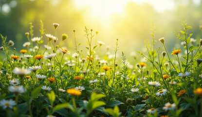 Summer landscape - view of lush verdant meadow with wildflowers, vibrant daisies, diverse herbs. Created using generative AI tools