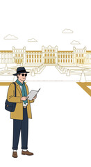 Elegant Gentleman Exploring Grand Architectural Masterpiece With Map In Hand