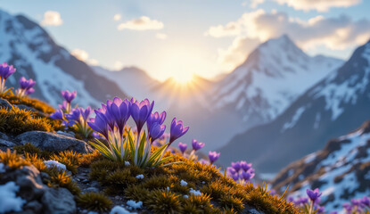 Spring background - view of the fresh purple crocuses blooming against the background of snowy mountains. Created using generative AI tools