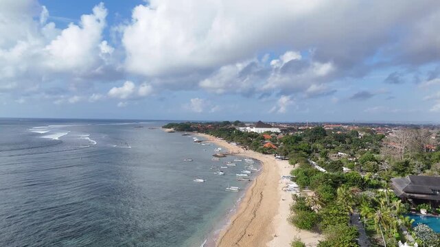 Aerial View of Bali Beach with Traditional Boats