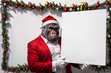 Christmas scene - view of a mighty male gorilla wearing a santa hat and red suit holding card invitation with copy space for text. Created using generative AI tools