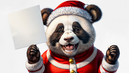 Christmas scene - view of a cute panda wearing a santa suit holding card invitation with copy space for text. Isolated on white background. Created using generative AI tools