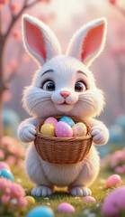 Easter scene in 3D style - view of a cute the Easter bunny with an Easter basket in his paws. Created using generative AI tools