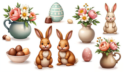 Easter set of illustrations isolated on white background - Easter bunnies, Easter eggs, vases with spring flowers and chocolate candies. Created using generative AI tools