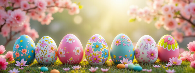 Spring Easter scene, banner - view of Easter eggs arranged horizontally in a row on grass surrounded by spring flowers. Created using generative AI tools