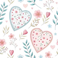 a seamless design of two pretty hearts with flowers