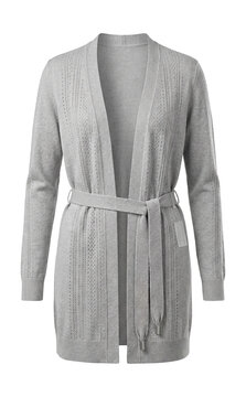 Longline cardigan with belt tie and pointelle detailing in light gray