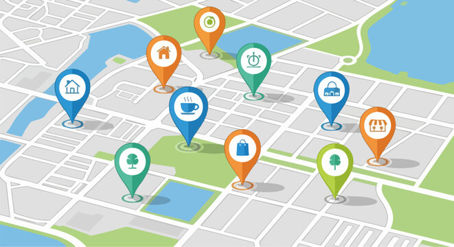 Vector city map with colorful location pins and navigation icons for business, travel, and services