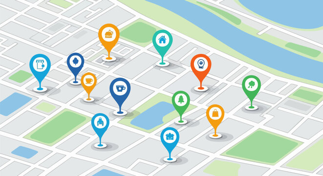 Vector isometric city map with colorful location pins, navigation, GPS, travel, and delivery concept illustration