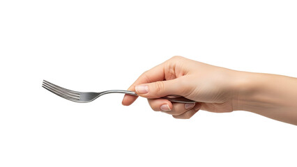 Close up of  female hand holding silver metal fork isolated on a transparent background. Minimalist concept for cooking, dining, kitchen tools, and food preparation