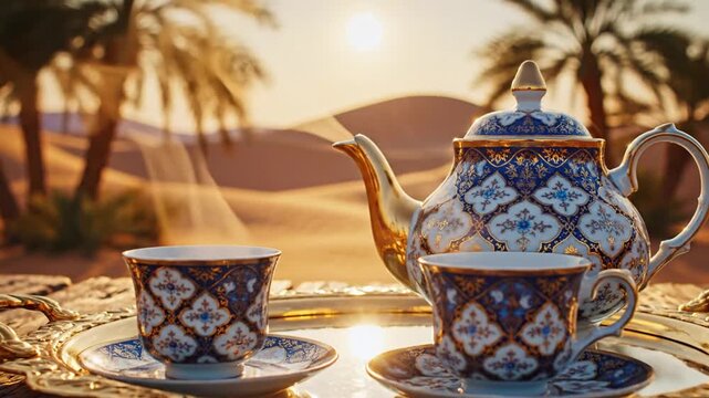 Luxurious tea ceremony experience in a golden desert oasis at sunset, featuring an exquisitely patterned teapot and cups on a shimmering silver tray