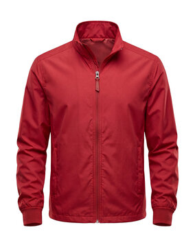 Red lightweight nylon rain jacket with zippered front and elastic cuffs