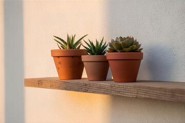 Fototapeta premium Three Succulent Plants Sit On Wooden Shelf Indoors