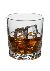 Hyper-realistic macro shot of a cut-crystal Rocks glass with four ice cubes and rich amber scotch whiskey on a transparent background with sharp shadows, luxury beverage advertising concept