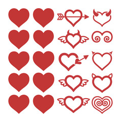Red Heart Icons Set with Various Designs and Symbols on White Background